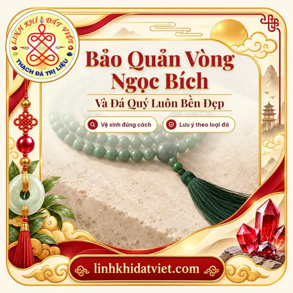 Chuỗi hạt ngọc bích 108 hạt có tua xanh rêu, ảnh bìa bài Cách bảo quản vòng ngọc bích và đá quý
