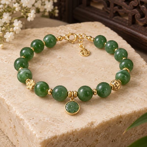 Lắc tay ngọc bích mix charm bọc vàng