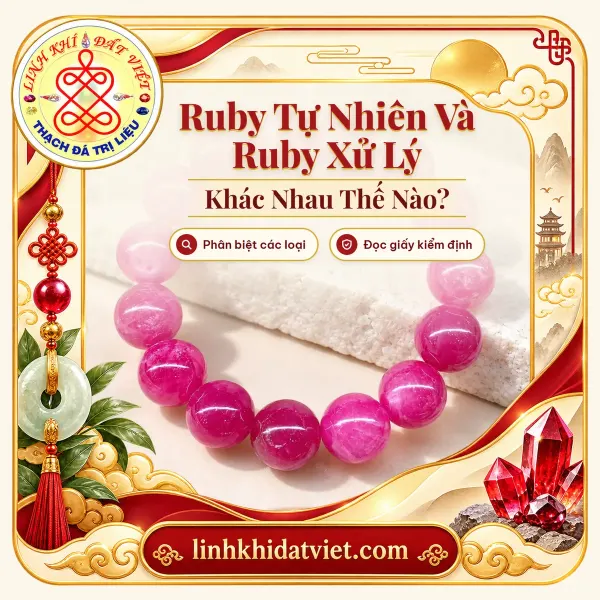 Vòng tay hạt ruby màu đỏ hồng, ảnh bìa bài Ruby tự nhiên và ruby xử lý khác nhau thế nào