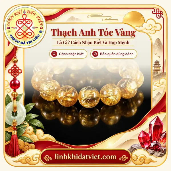 Vòng tay thạch anh tóc vàng với sợi bao thể vàng óng, ảnh bìa bài Thạch anh tóc vàng là gì