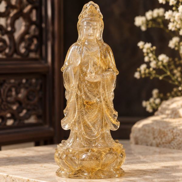 Tượng Quan Âm thạch anh tóc vàng trên đài sen