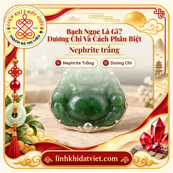 Ảnh bìa bài bạch ngọc là gì, nền mặt dây Phật Di Lặc ngọc bích Nephrite xanh minh họa của Linh Khí Đất Việt