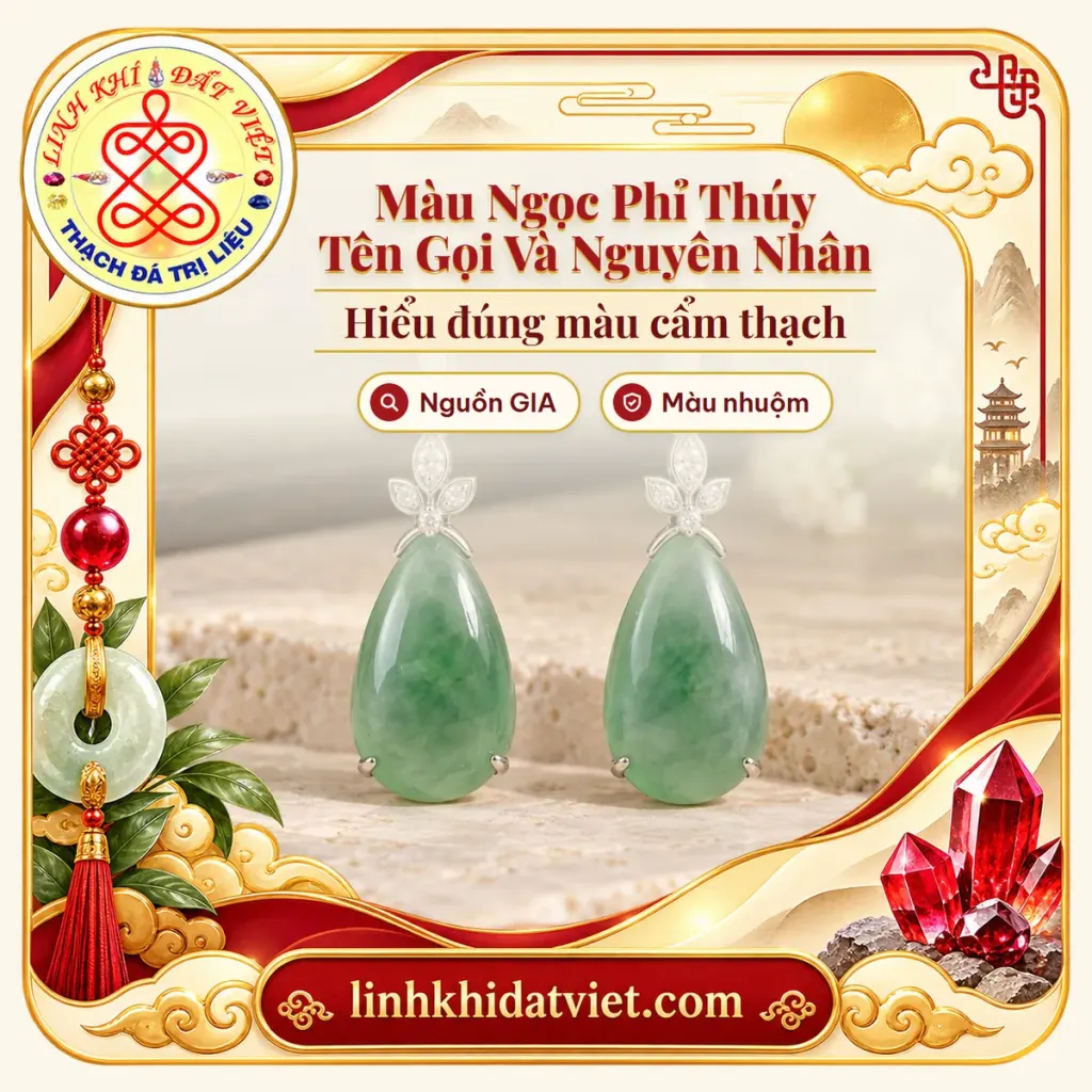Ảnh bìa bài các màu ngọc phỉ thúy: đôi khuyên tai cẩm thạch giọt nước xanh lá loang vân mây