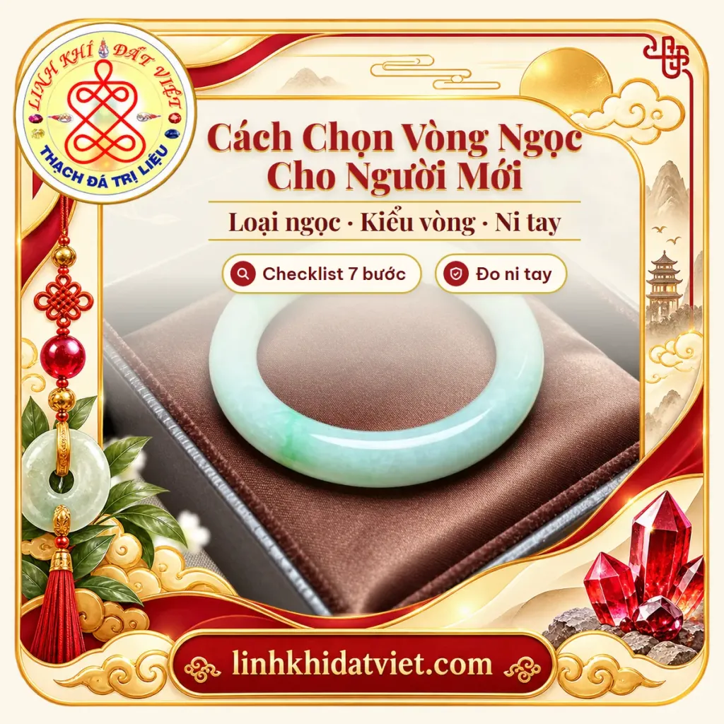 Ảnh bìa bài cách chọn vòng ngọc cho người mới, nền vòng tay cẩm thạch bản liền xanh nhạt pha trắng của Linh Khí Đất Việt