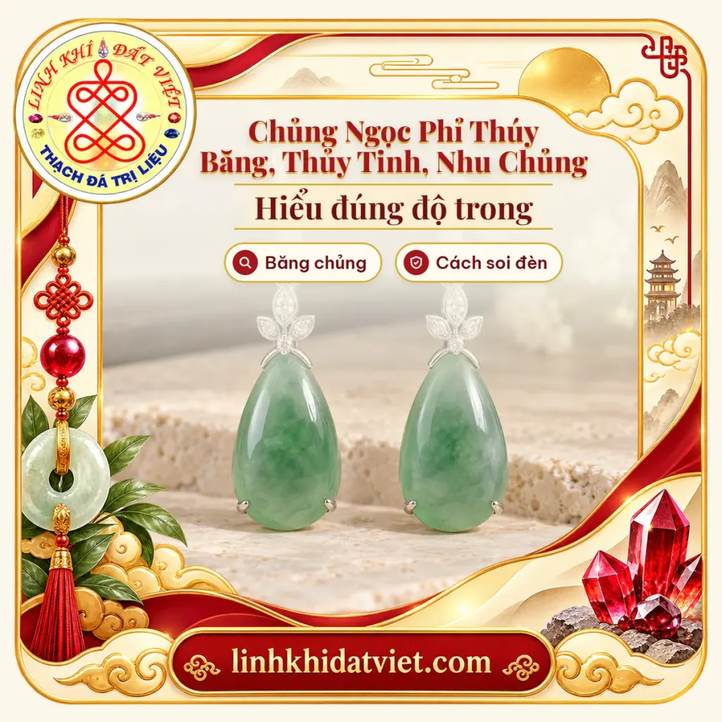 Ảnh bìa bài chủng ngọc phỉ thúy: đôi khuyên tai cẩm thạch giọt nước xanh lá loang mây