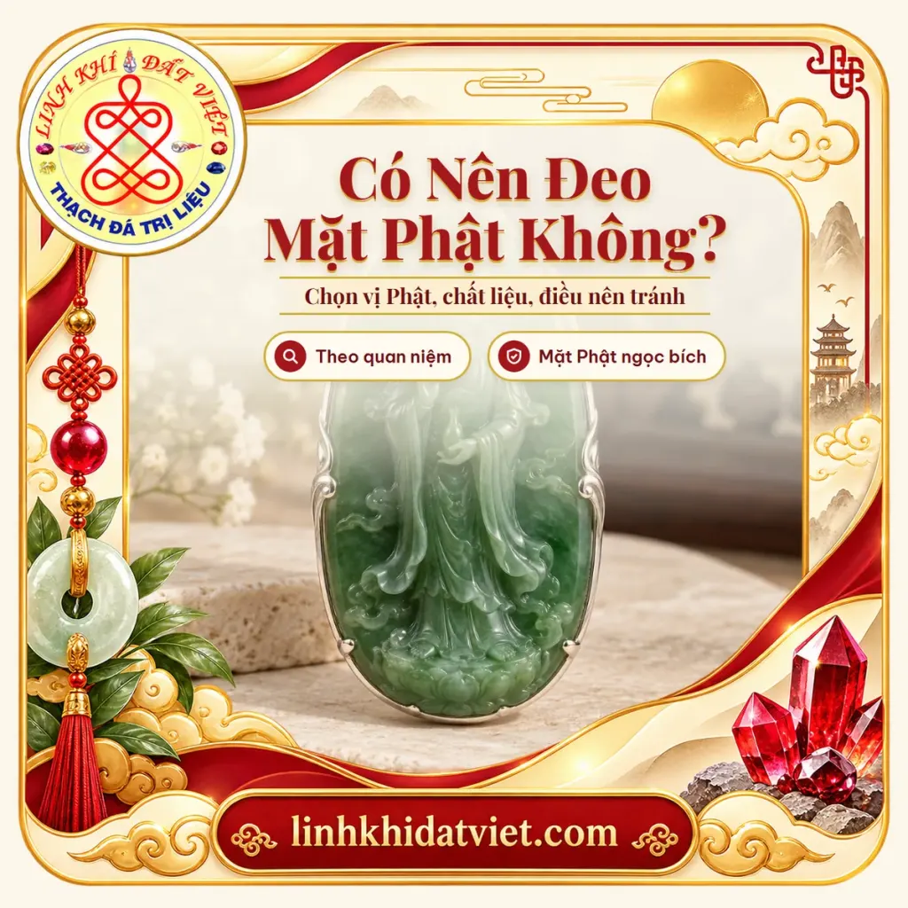 Mặt dây Quan Âm Bồ Tát ngọc bích Nephrite đứng trên đài sen, ảnh bìa bài có nên đeo mặt Phật không