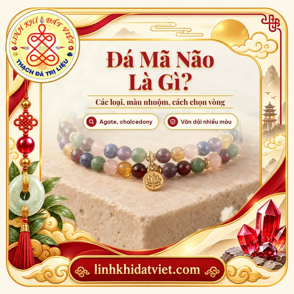 Ảnh bìa bài đá mã não là gì: lắc tay đá đa sắc nhiều màu của Linh Khí Đất Việt (sản phẩm phối nhiều loại đá màu, không phải mã não)