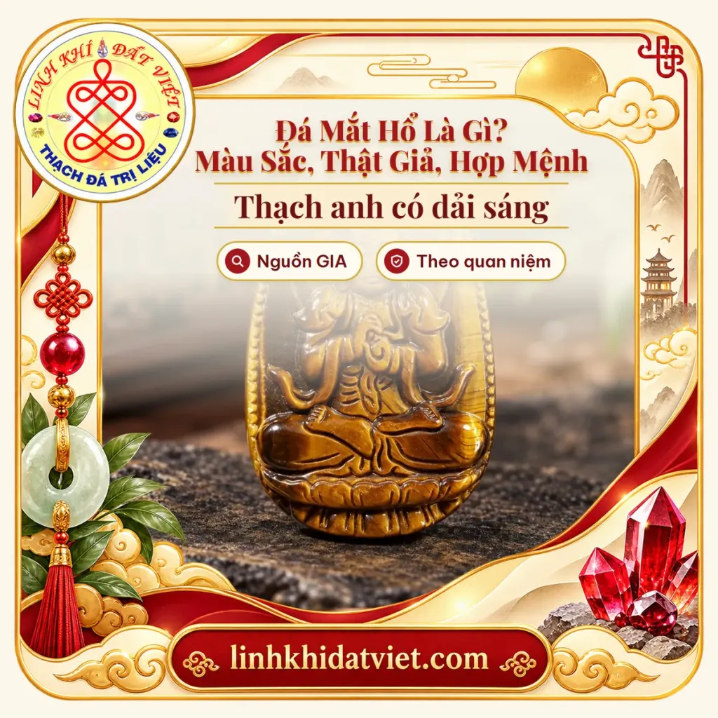 Ảnh bìa bài đá mắt hổ là gì, nền mặt dây Phật Đại Nhật Như Lai bằng đá mắt hổ nâu vàng