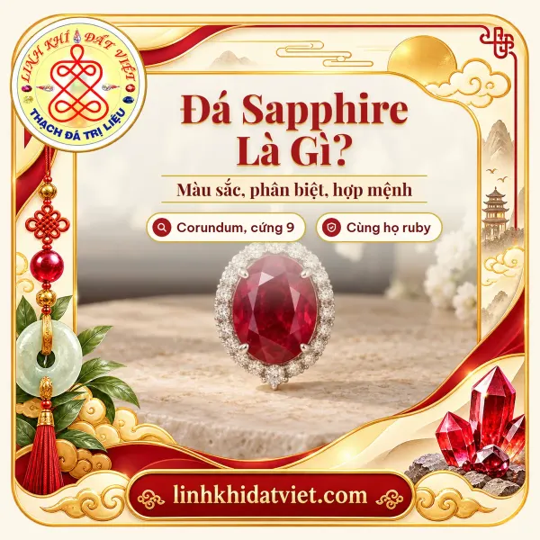 Ảnh bìa bài đá sapphire là gì: mặt dây đá ruby oval đỏ đậm viền đá nhỏ màu trắng của Linh Khí Đất Việt (ruby cùng họ corundum, không phải sapphire)