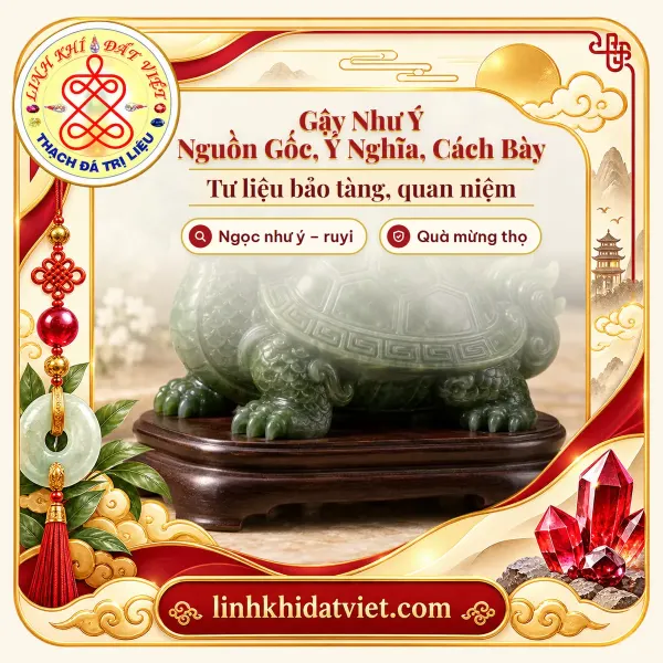 Ảnh bìa bài gậy như ý: tượng long quy ngọc bích Nephrite xanh lục đậm trên đế gỗ, món bày bàn làm việc cùng tinh thần lời chúc như ý