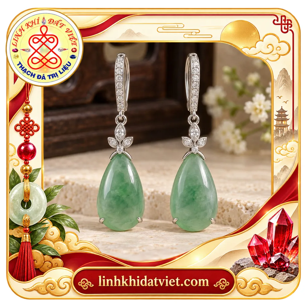 Đôi khuyên tai cẩm thạch giọt nước mài cabochon, sắc xanh lá dịu loang vân mây trắng và vệt xanh đậm, treo dưới chùm lá kim loại trắng đính đá nhỏ