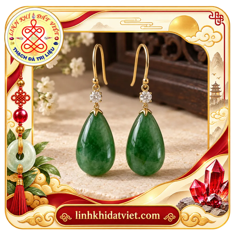 Đôi khuyên tai ngọc bích Nephrite xanh lá loang vân dáng giọt nước, chụp hình lá, móc câu tông vàng có viên đá nhỏ trong suốt