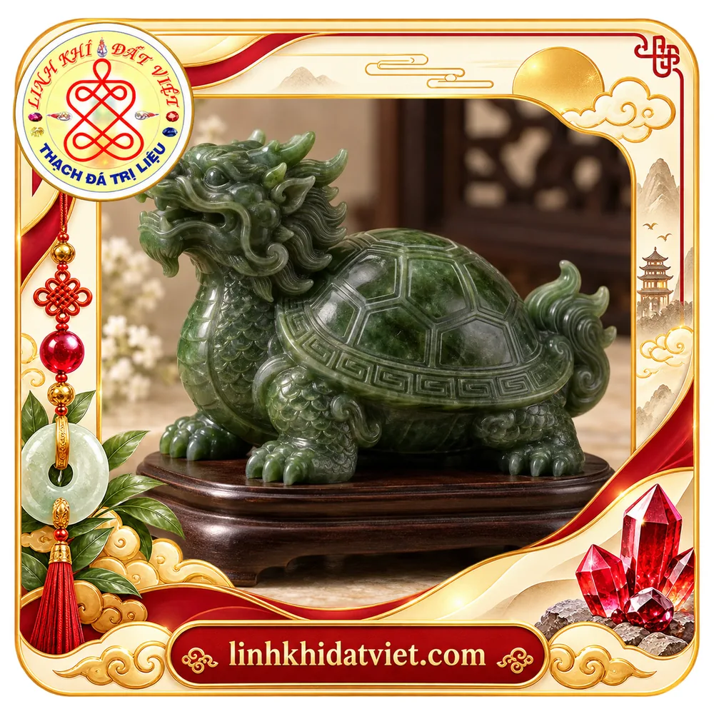 Tượng long quy ngọc bích Nephrite xanh lục đậm, đầu rồng há miệng, mai rùa chia ô lục giác viền hồi văn, đặt trên đế gỗ nâu