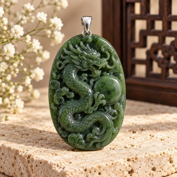 Mặt Dây Long Chầu Nguyệt Ngọc Bích