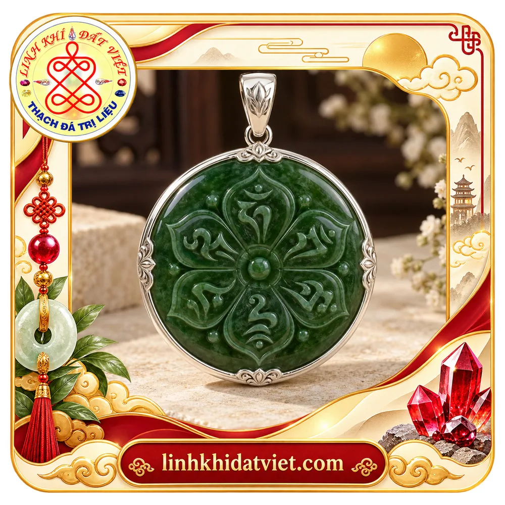 Mặt dây Lục Tự Đại Minh Chân Ngôn ngọc bích Nephrite tròn xanh lá đậm, sáu chữ chạm nổi trên sáu cánh sen quanh nhụy giữa, viền kim loại màu bạc trắng
