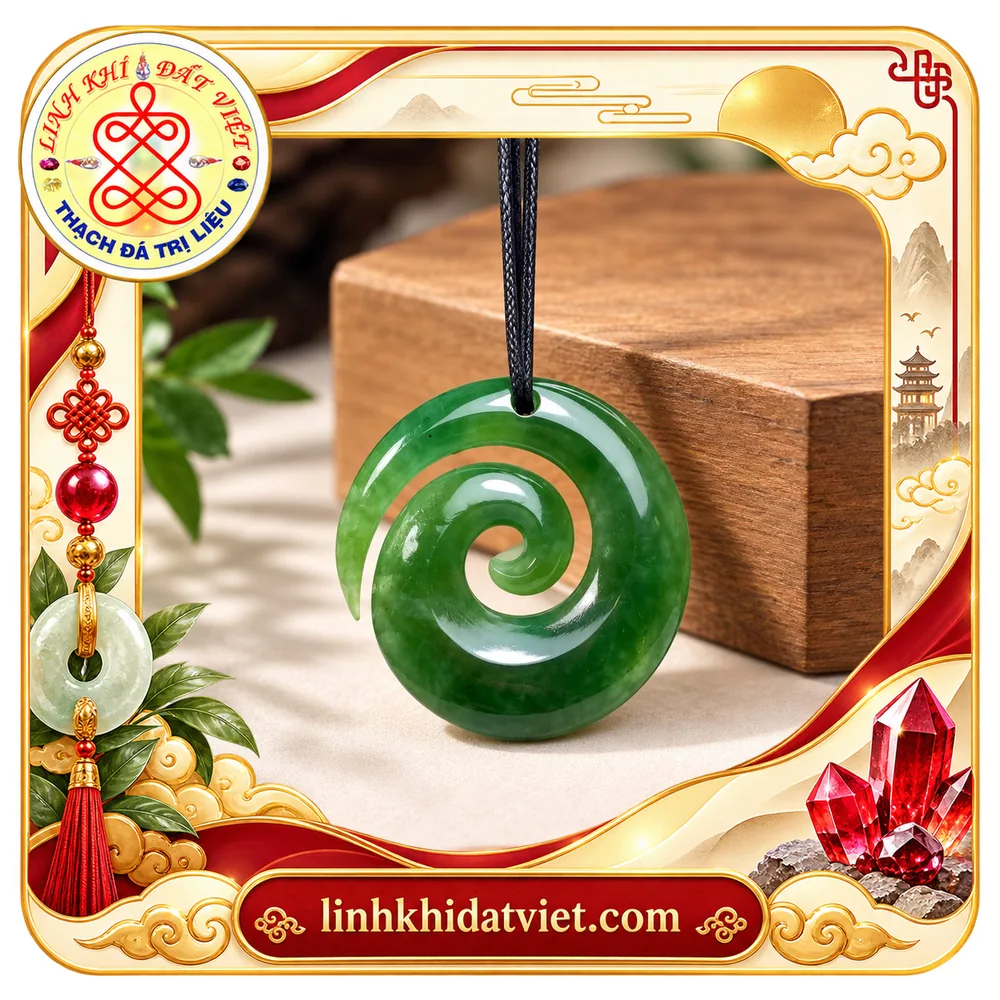 Mặt dây ngọc bích Nephrite xanh lá chạm hình xoắn ốc Koru theo phong cách Maori, đeo dây dù đen