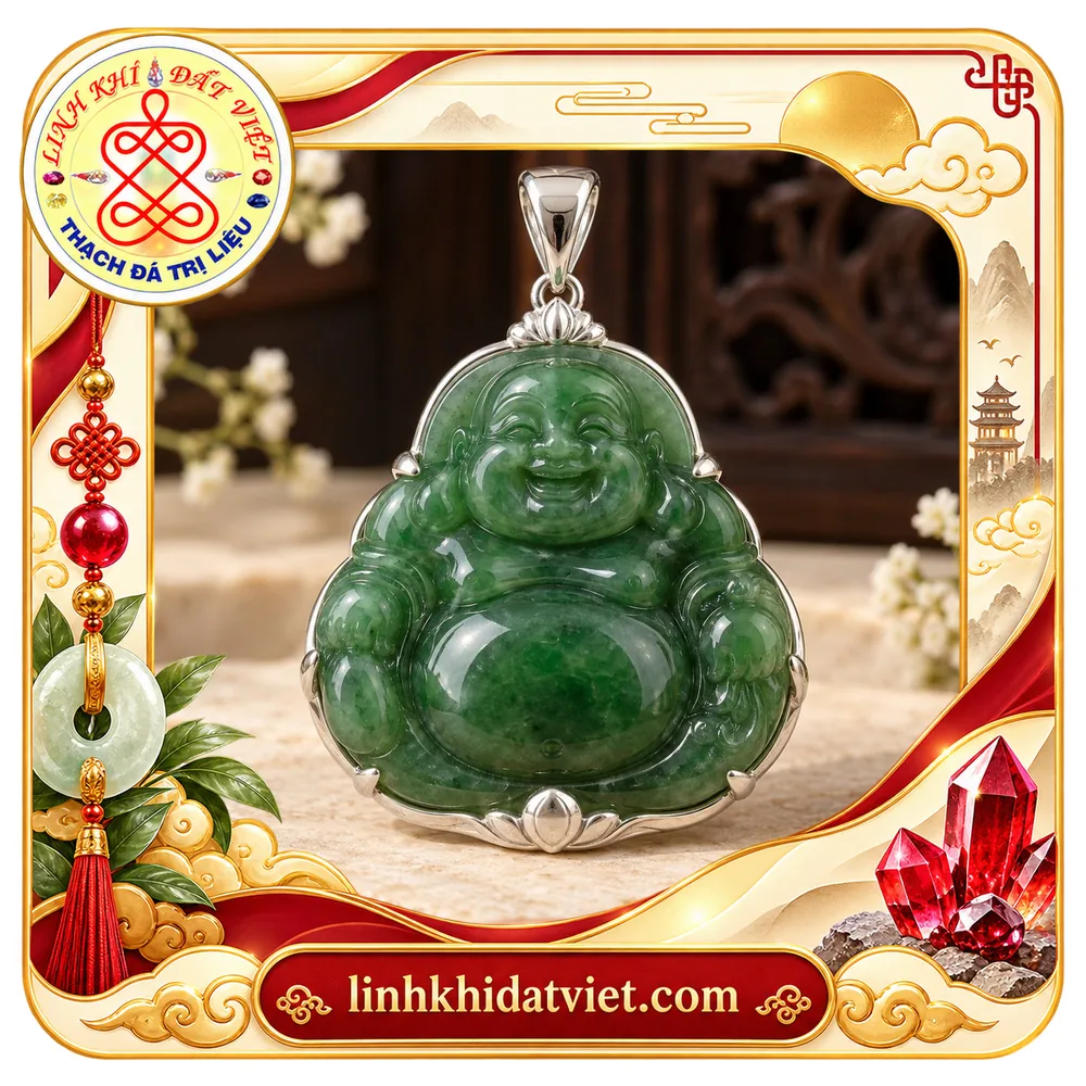 Mặt dây Phật Di Lặc ngọc bích Nephrite xanh lá vân loang, Ngài ngồi cười, viền kim loại màu bạc chạm hoa sen ở đỉnh và đáy
