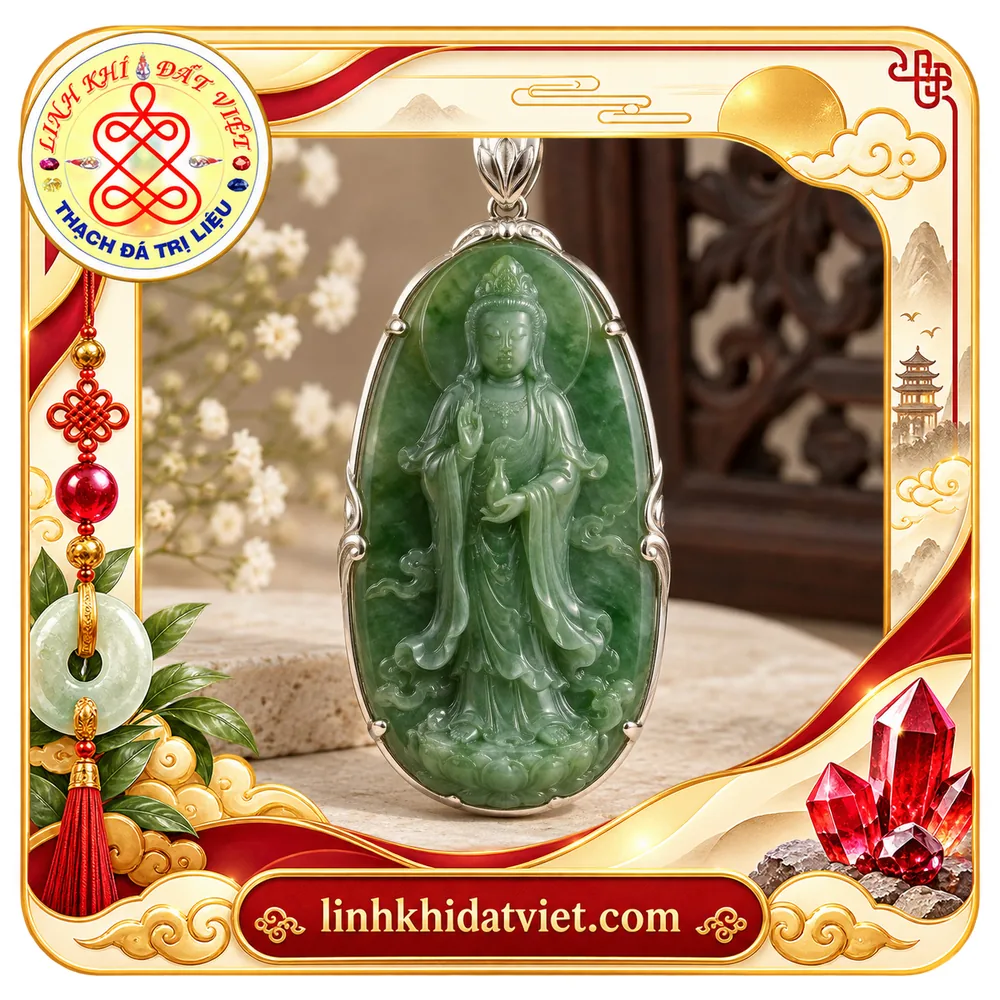 Mặt dây Quan Âm Bồ Tát ngọc bích Nephrite xanh lá, Ngài đứng trên đài sen giữa mây cuộn, tay nâng bình cam lộ, khung bầu dục viền kim loại màu bạc trắng
