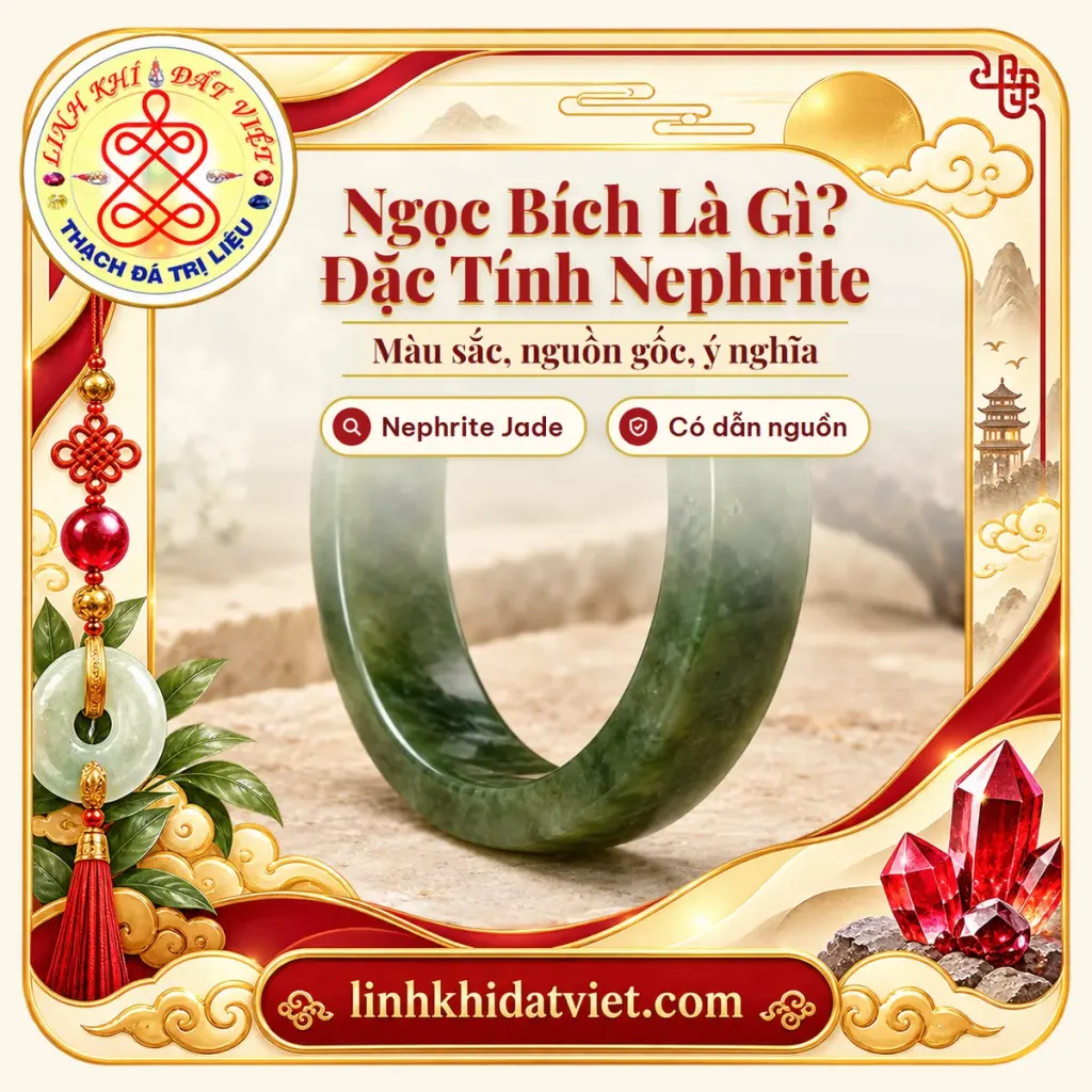 Ảnh bìa bài ngọc bích là gì, nền vòng tay ngọc bích Nephrite bản dẹt xanh đậm minh họa của Linh Khí Đất Việt