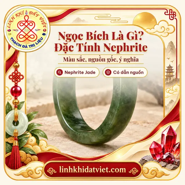 Ảnh bìa bài ngọc bích là gì, nền vòng tay ngọc bích Nephrite bản dẹt xanh đậm minh họa của Linh Khí Đất Việt
