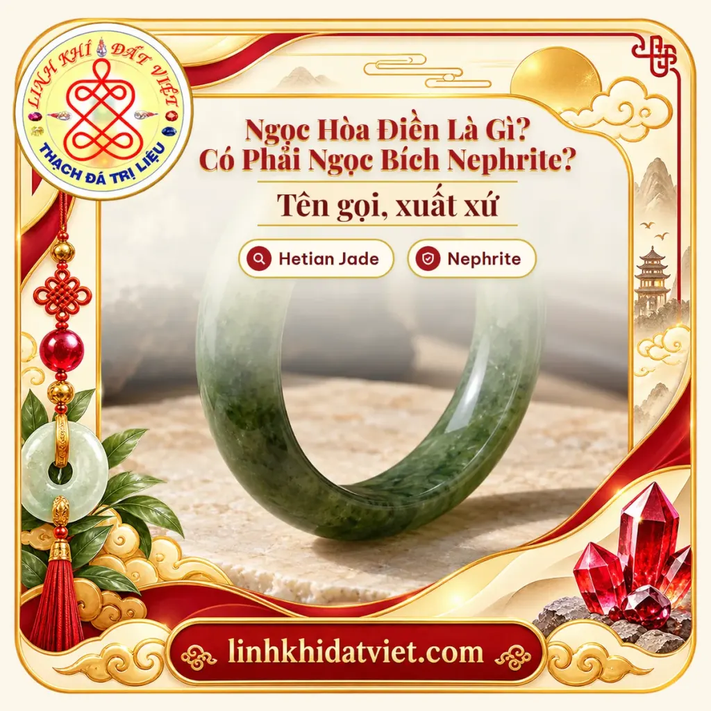 Ảnh bìa bài ngọc Hòa Điền là gì, nền vòng tay ngọc bích Nephrite xanh rêu minh họa của Linh Khí Đất Việt