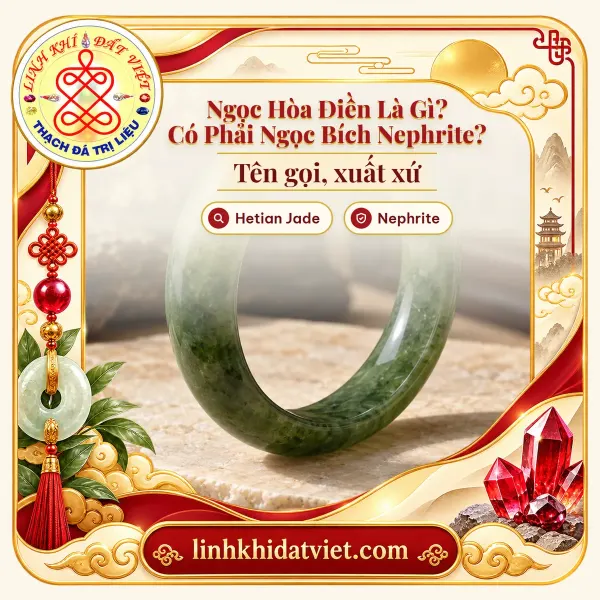 Ảnh bìa bài ngọc Hòa Điền là gì, nền vòng tay ngọc bích Nephrite xanh rêu minh họa của Linh Khí Đất Việt