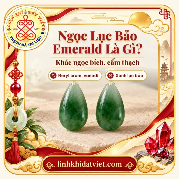 Ảnh bìa bài ngọc lục bảo là gì: đôi khuyên tai ngọc bích Nephrite xanh lá dáng giọt nước của Linh Khí Đất Việt (sản phẩm ngọc bích, không phải ngọc lục bảo)
