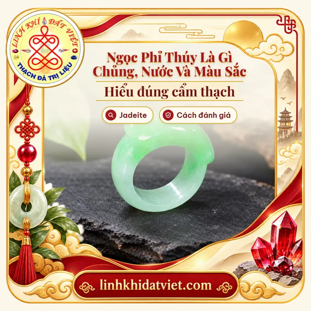 Ảnh bìa bài ngọc phỉ thúy là gì: nhẫn cẩm thạch mặt yên ngựa xanh lục nhạt dần thành xanh trắng