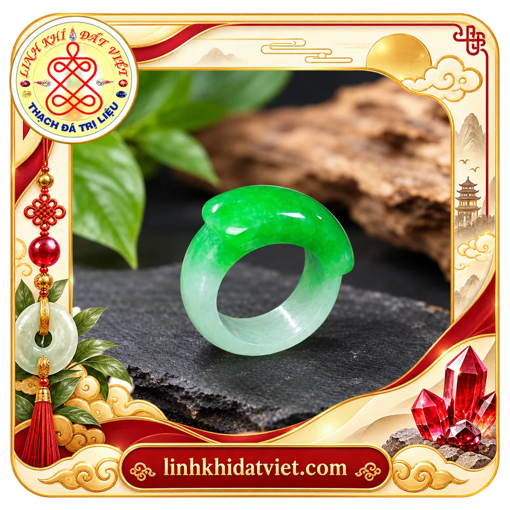 Nhẫn ngọc cẩm thạch liền khối, phần mặt yên ngựa xanh lục tươi đậm chuyển dần xuống thân nhẫn thành xanh nhạt gần trắng
