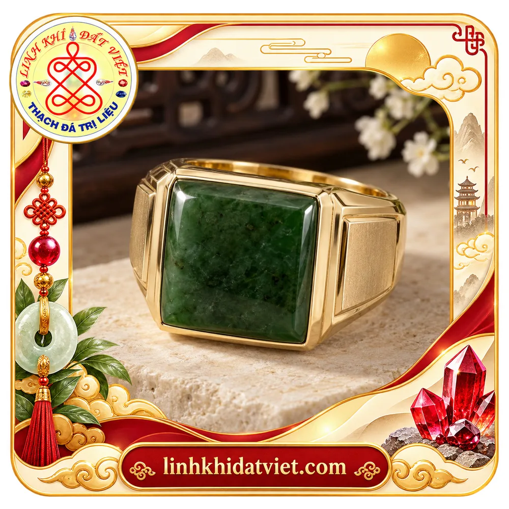 Nhẫn ngọc bích nam mặt vuông Nephrite xanh lục đậm, đai bọc vàng 18K bản rộng với vai xước mờ