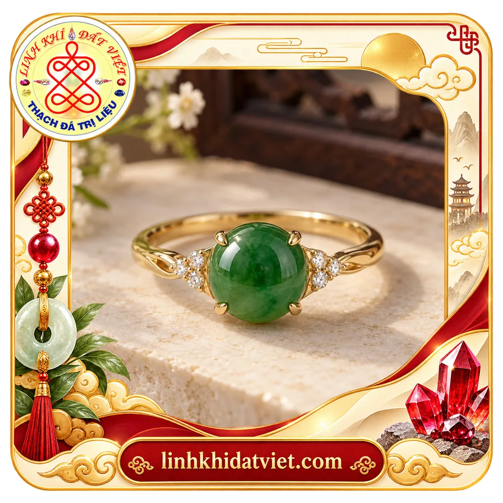 Nhẫn ngọc bích nữ mặt tròn mài vòm màu xanh lá, giữ bằng bốn chấu, hai bên điểm cụm đá nhỏ, đai mảnh vai xoắn tông vàng