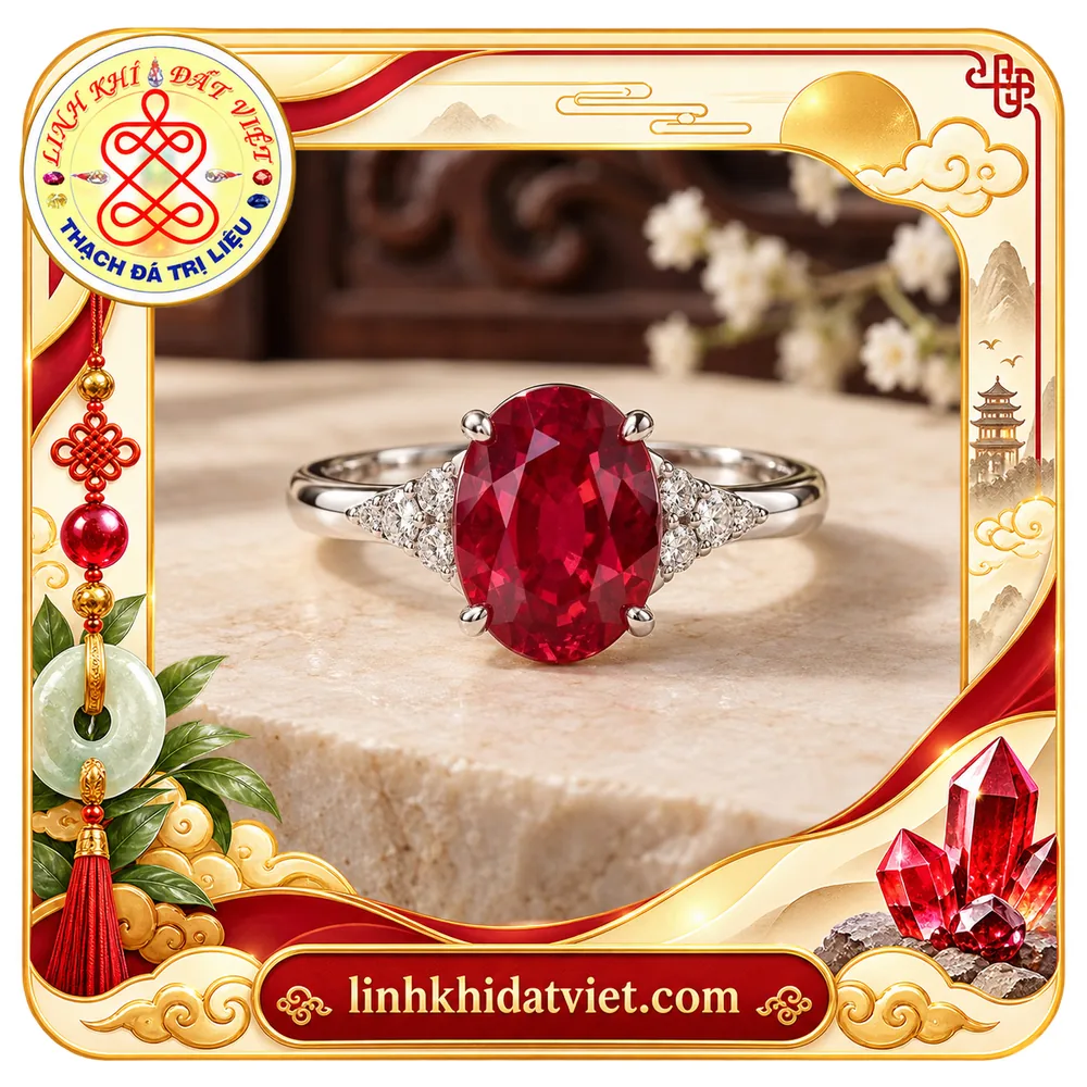 Nhẫn đá ruby mặt oval mài giác màu đỏ thắm giữ bằng bốn chấu, hai vai đính cụm đá nhỏ màu trắng trên đai kim loại trắng