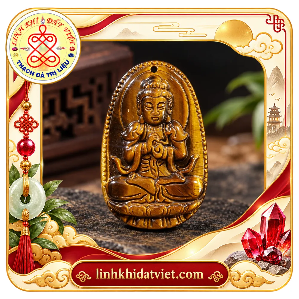 Mặt dây Đại Nhật Như Lai chạm đá mắt hổ nâu vàng, dải sáng ánh lụa, viền hạt nổi quanh mép