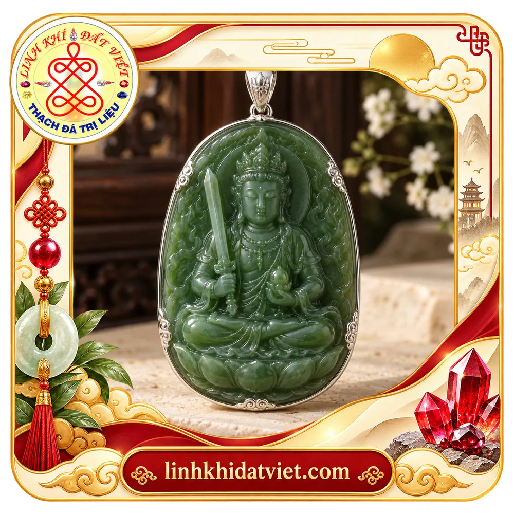 Mặt dây Hư Không Tạng Bồ Tát ngọc bích Nephrite xanh lá, Ngài ngồi trên đài sen, một tay dựng kiếm báu, tay kia nâng viên ngọc như ý tròn, viền kim loại màu bạc