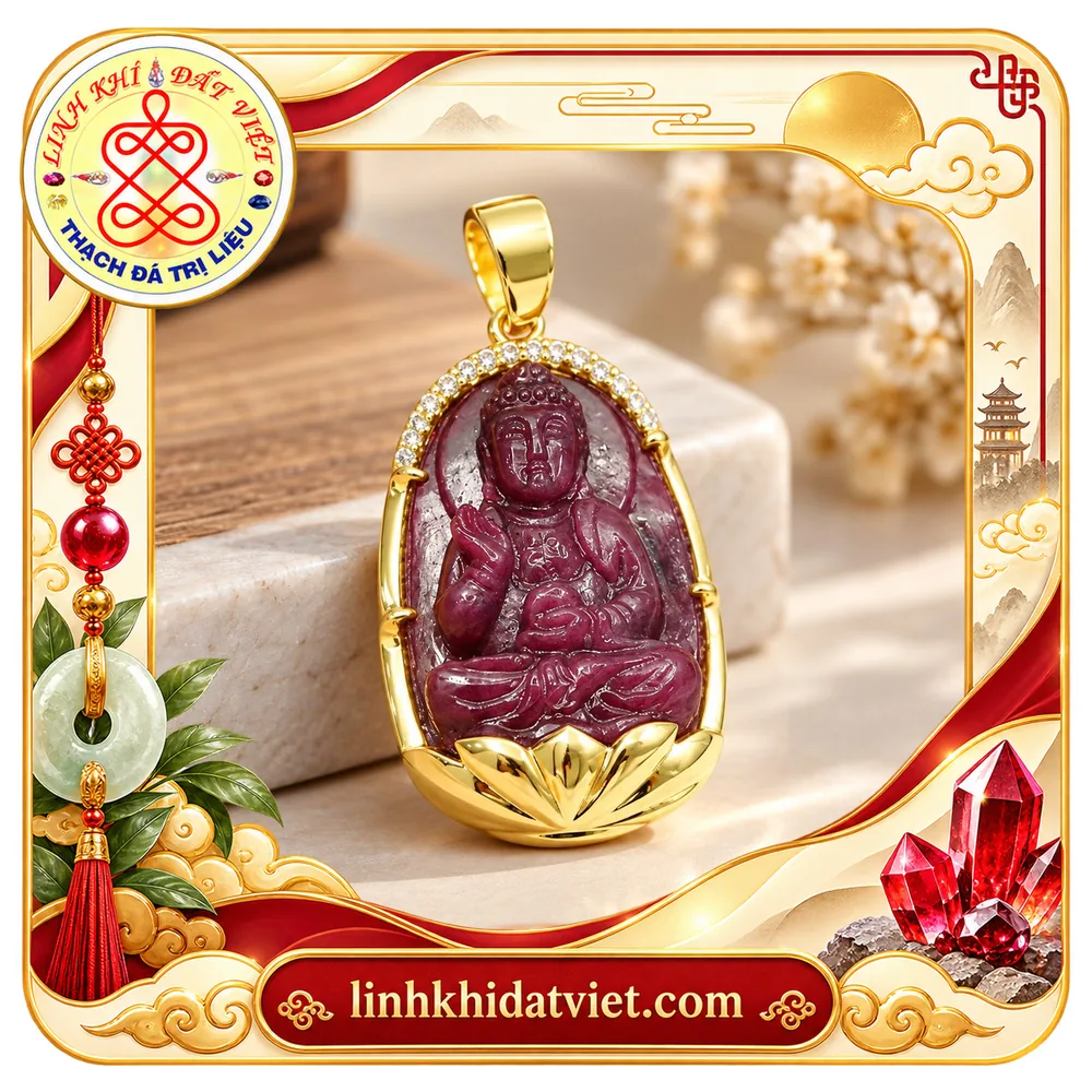 Mặt dây Phật A Di Đà chạm từ ruby đỏ thẫm, viền mạ vàng ôm đáy thành đài sen, hàng đá nhỏ lấp lánh dọc vòm trên