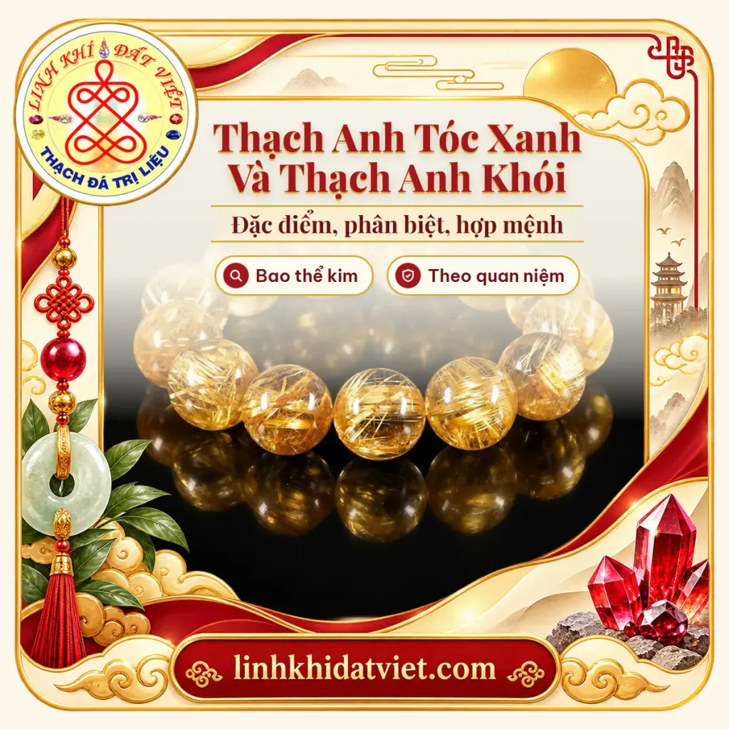Vòng tay thạch anh tóc vàng hạt tròn nền trong có sợi kim, minh họa bài thạch anh tóc xanh và thạch anh khói