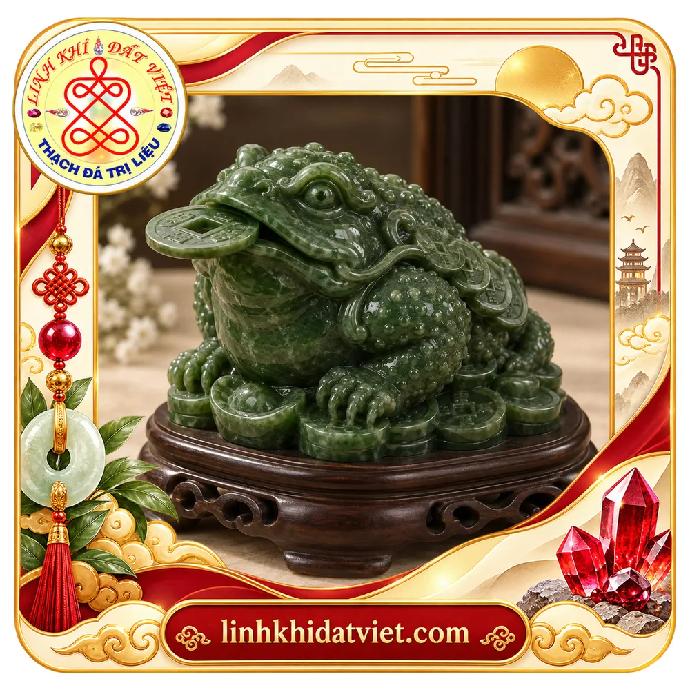 Tượng thiềm thừ ngọc bích xanh ngậm đồng tiền lỗ vuông, lưng vắt xâu tiền, đặt trên đế gỗ chạm mây