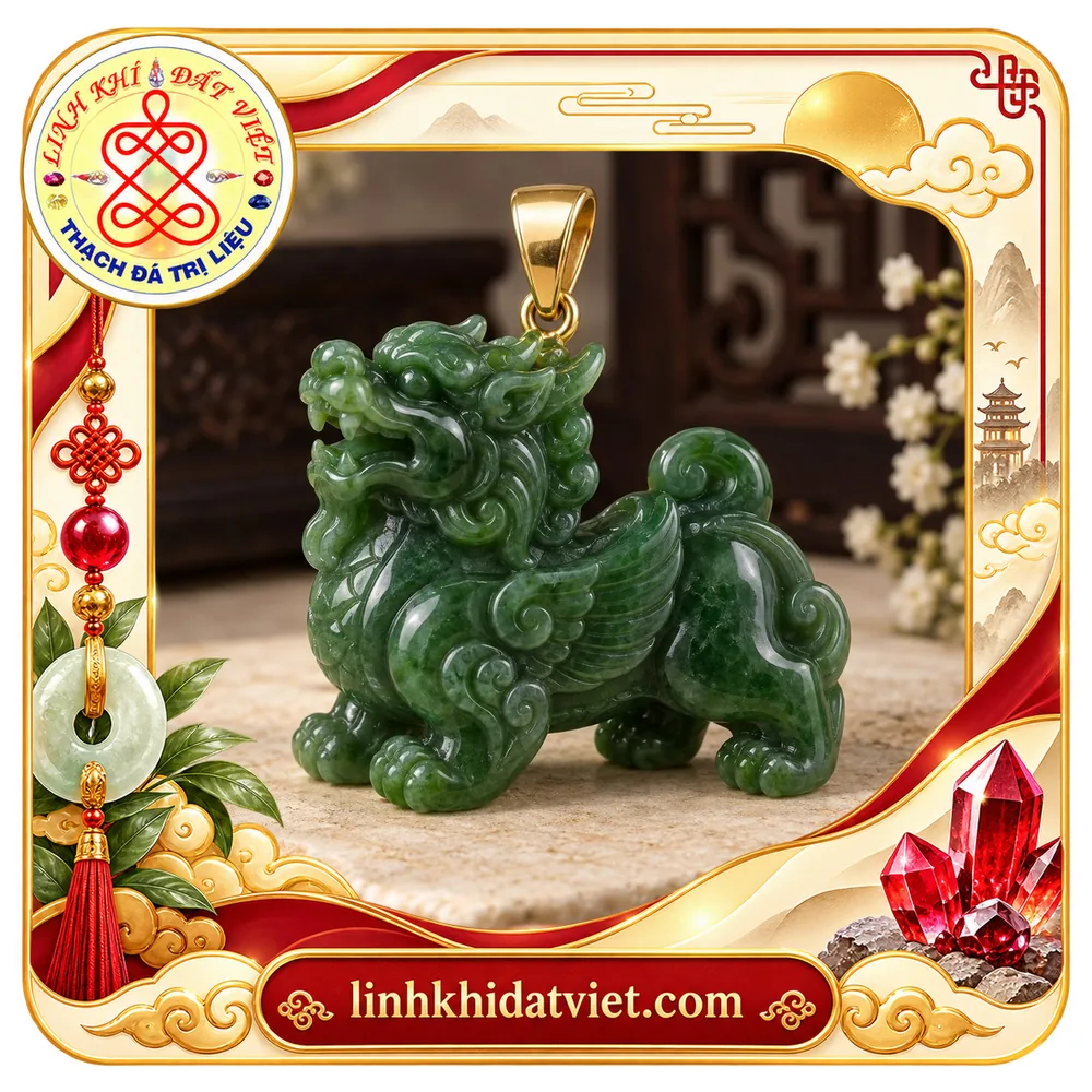 Mặt dây tỳ hưu ngọc bích Nephrite xanh đậm dáng đứng, miệng há lộ răng nanh, cánh xếp, đuôi cuộn, móc treo màu vàng