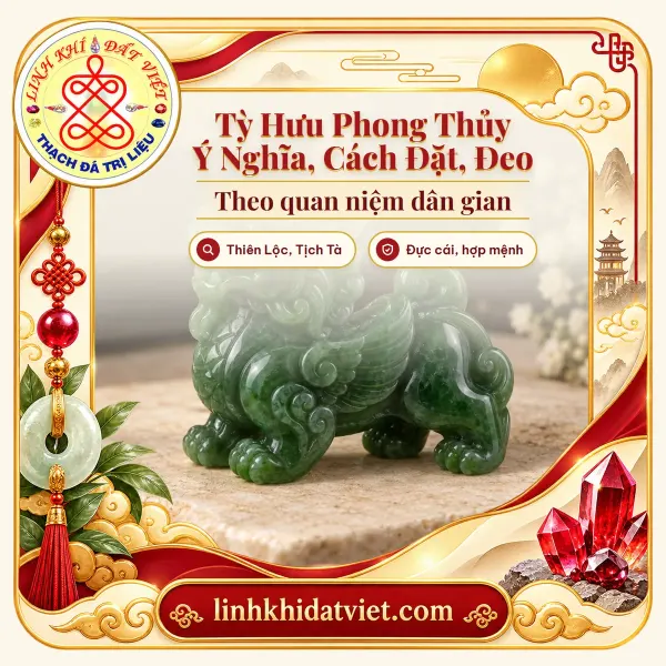 Ảnh bìa bài tỳ hưu phong thủy: mặt dây tỳ hưu ngọc bích Nephrite xanh đậm dáng đứng, cánh xếp, đuôi cuộn