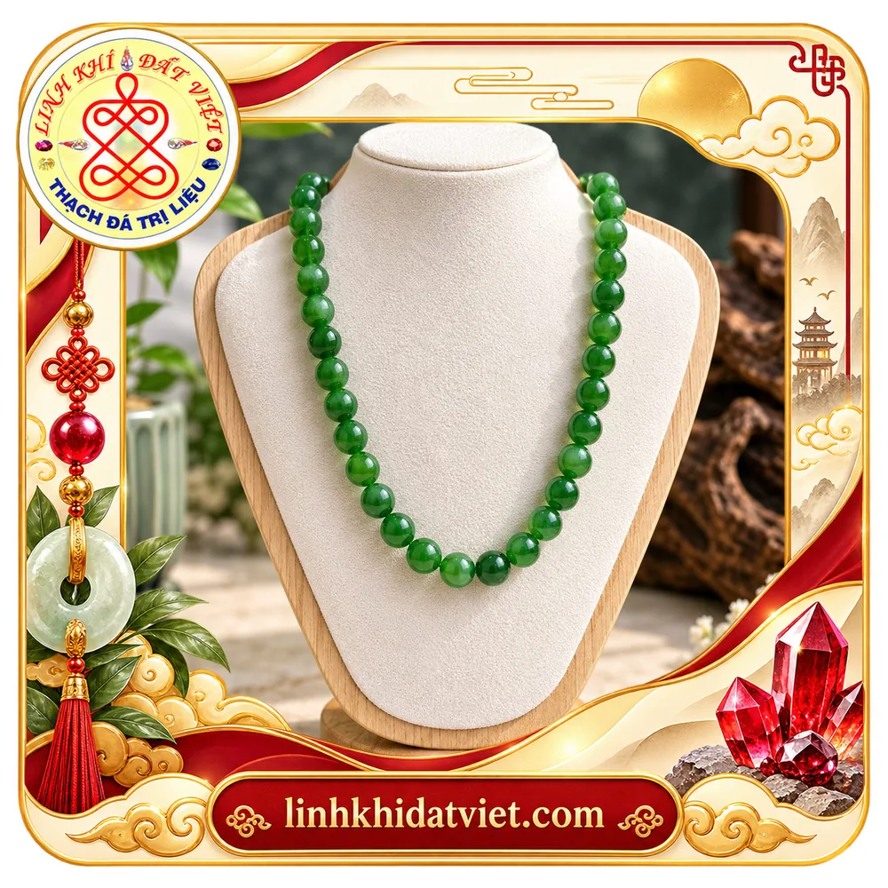 Vòng cổ chuỗi đơn hạt ngọc bích Nephrite tròn cỡ đều, sắc xanh lá tươi, mặt hạt đánh bóng