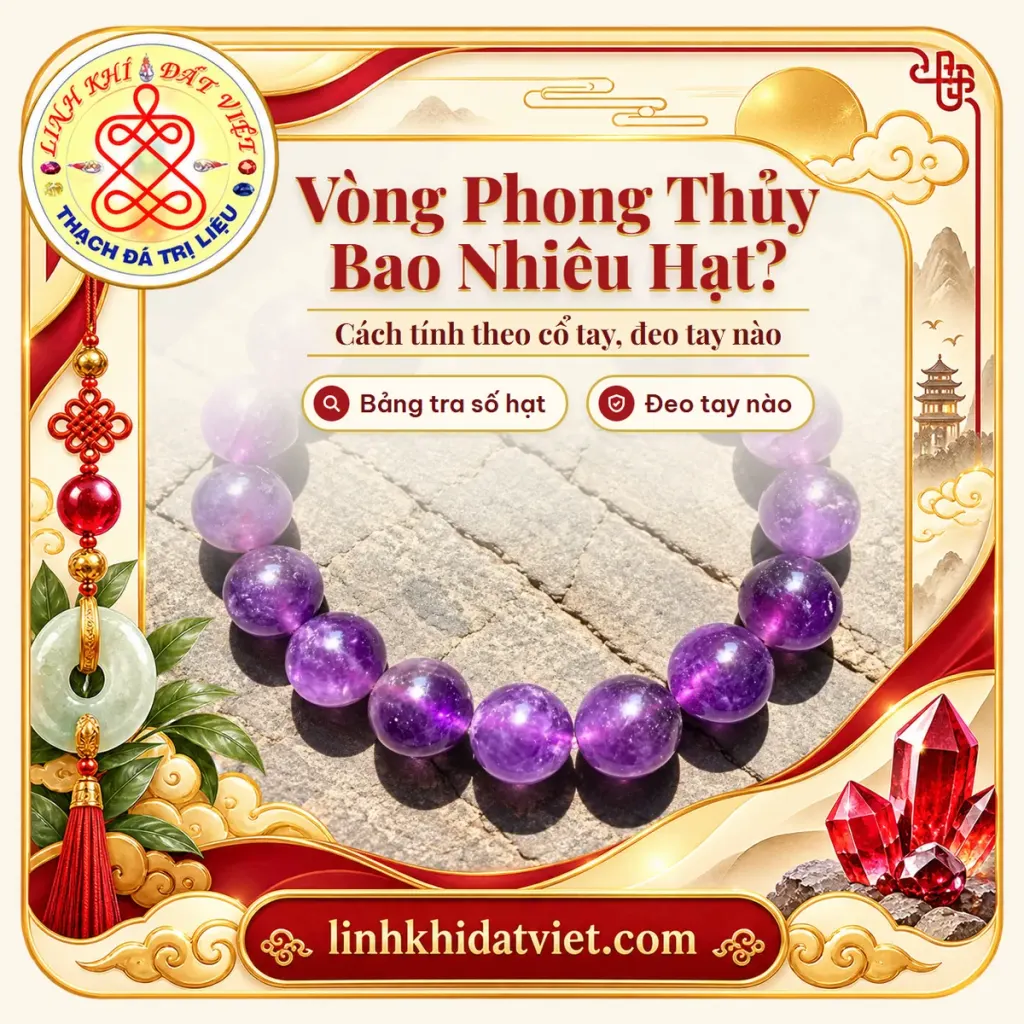 Ảnh bìa bài vòng phong thủy bao nhiêu hạt: vòng tay thạch anh tím hạt tròn bóng, sắc tím đậm nhạt đan xen