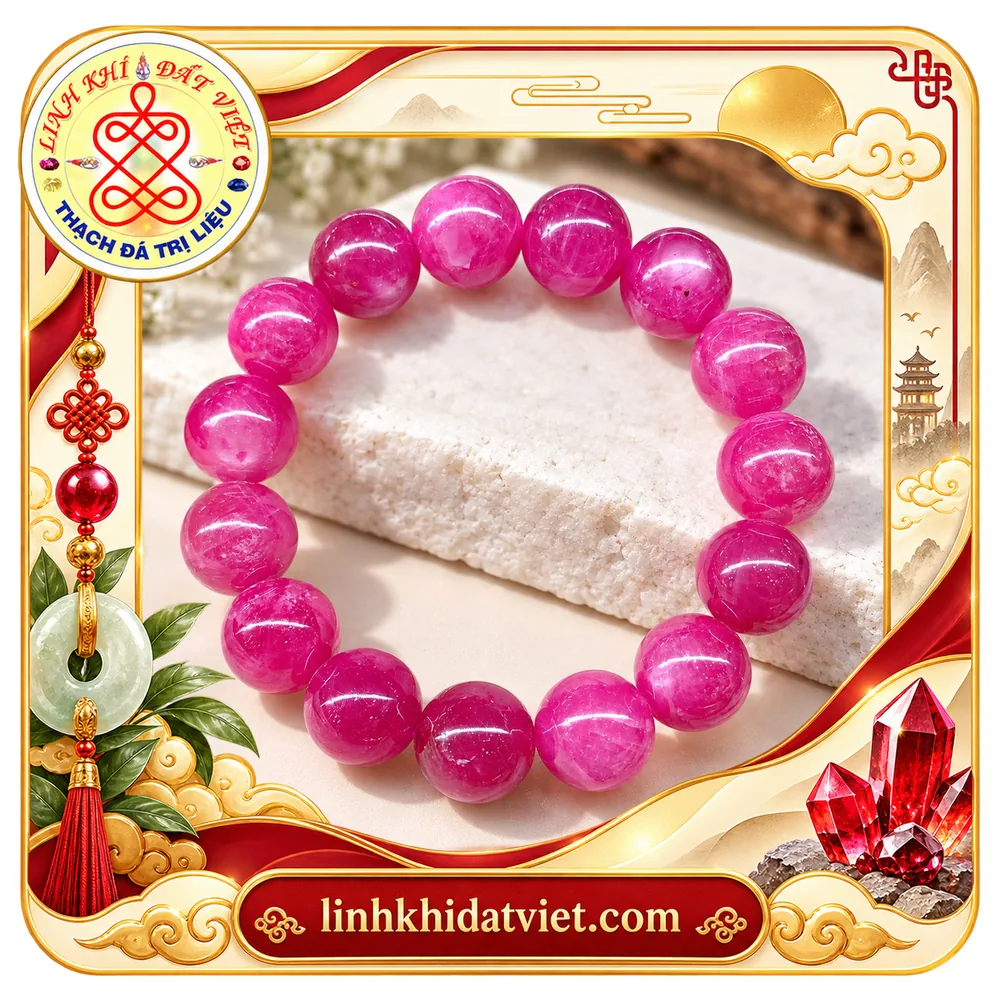 Vòng tay hạt đá ruby tròn cỡ lớn màu đỏ hồng, mặt hạt bóng, lòng hạt có vân rạn và bao thể
