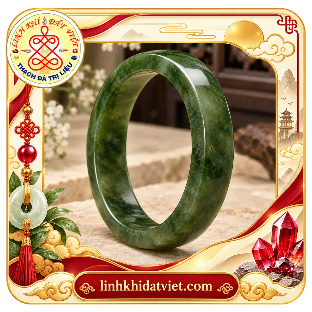Vòng tay ngọc bích Nephrite bản dẹt màu xanh lục đậm, vệt xanh nhạt ngả vàng chạy dọc thân vòng