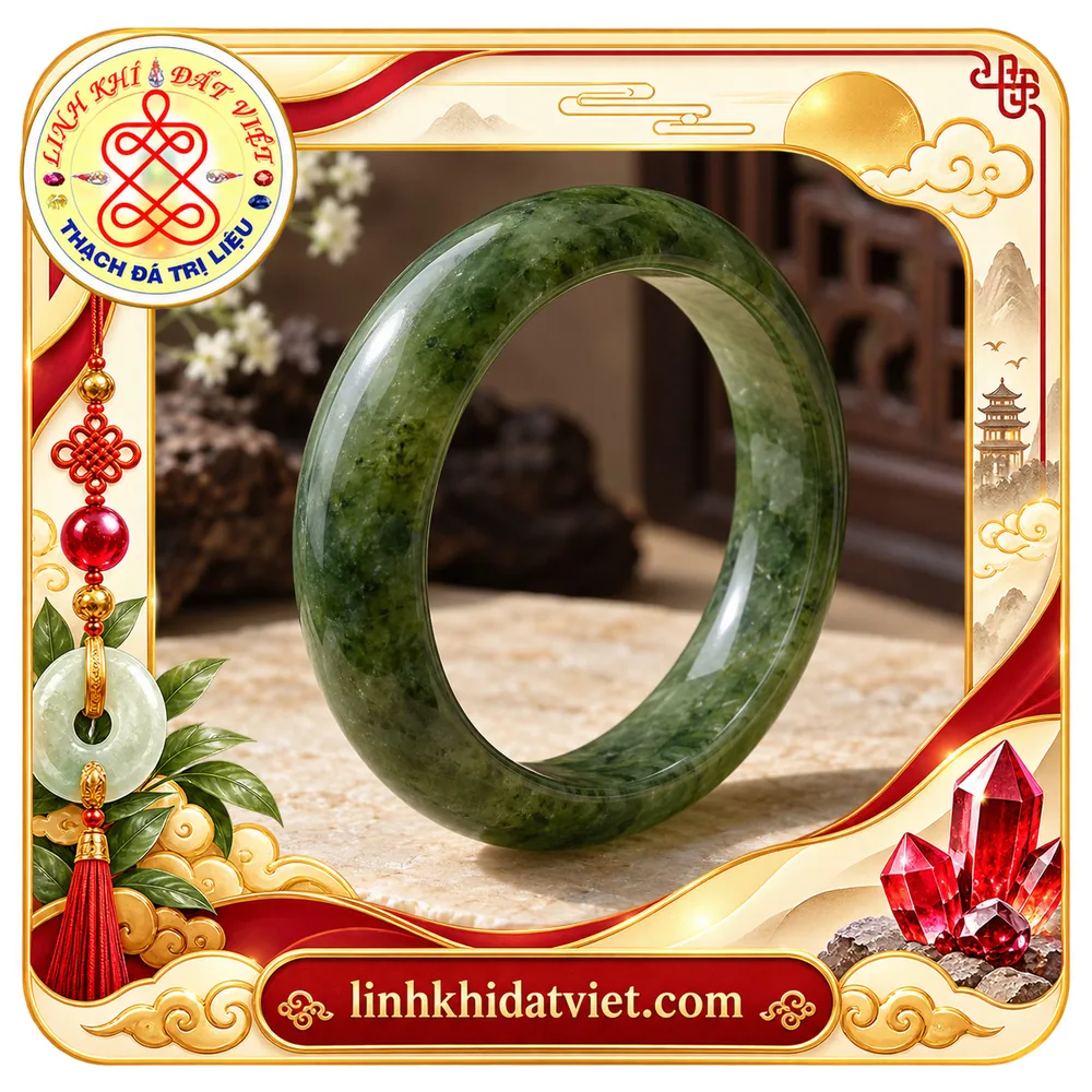 Vòng tay ngọc bích Nephrite bản liền tròn màu xanh rêu, vân loang đậm nhạt, mép bo tròn